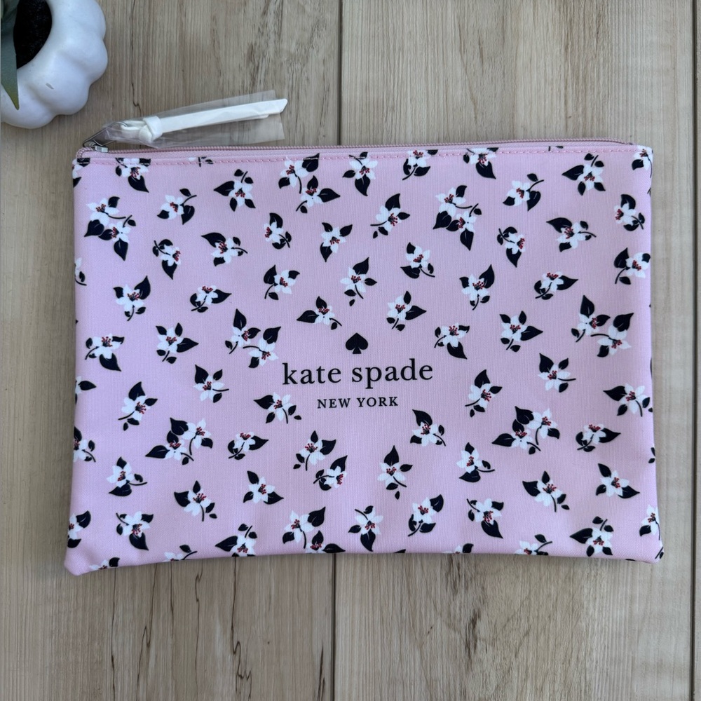 New Kate Spade ♠️ Large Zip Canvas Pouch Pink Makeup Bag - Picture 3 of 5